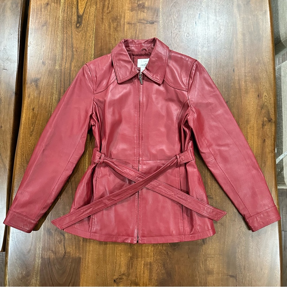 Vintage Red Blazer Belted Collar Style Leather Jacket Size Medium